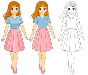 Cartoon illustration of a cute girl in blue shirt and pink skirt with flat, shaded, and outline versions. Perfect for children’s use for  fashion themes, clipart, and design materials