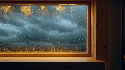 Rainstorm behind wooden window with dramatic dark clouds. Concept of nature’s power and cozy shelter inside
 - Powered by Adobe