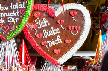 Munich, Germany - October 3rd 2025: Lebkuchen hearts reading &ldquo;Ich liebe Dich&rdquo; (German: &ldquo;I love you&rdquo;) &mdash; gingerbread hearts at Oktoberfest 2025