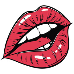lips playfully biting their lower lip, a pop art style graphic with bold lines and glossy texture. silhouette vector on a white background