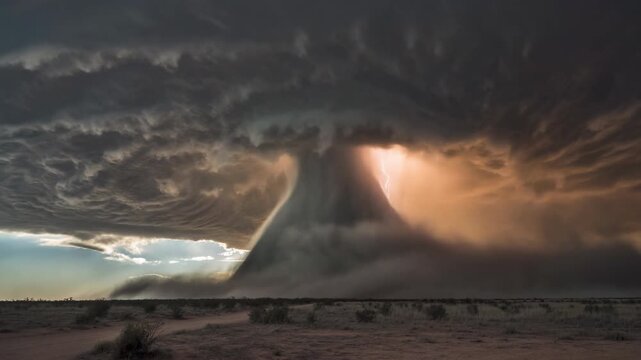 A tornado forming in real time over a vast plain, dust and lightning converging into a spinning vortex.