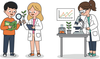 PrintChildren studying plants in science laboratory, boy with book, girl using microscope, school education, STEM learning, biology research, classroom experiment