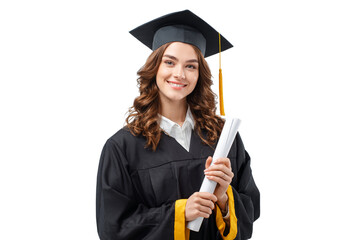 Smiling College Graduate Holding Book with Diploma Scroll, Angled Side View, Transparent Background
