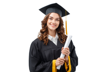 Smiling College Graduate Holding Book with Diploma Scroll, Angled Side View, Transparent Background