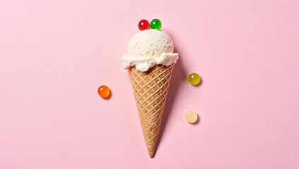 Creamy vanilla ice cream cone topped with colorful candies, set against a soft pink background.