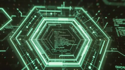 Futuristic technology interface with hexagon and code in green. - Powered by Adobe