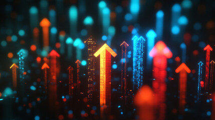Abstract digital graphic featuring an upward-pointing arrow, symbolizing growth, progress, and success, with modern geometric lines and vibrant colors highlighting forward momentum.