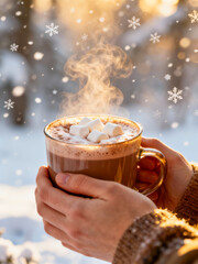 A person holds a steaming mug of hot chocolate topped with marshmallows. Snowflakes gently fall in the background. Copy space