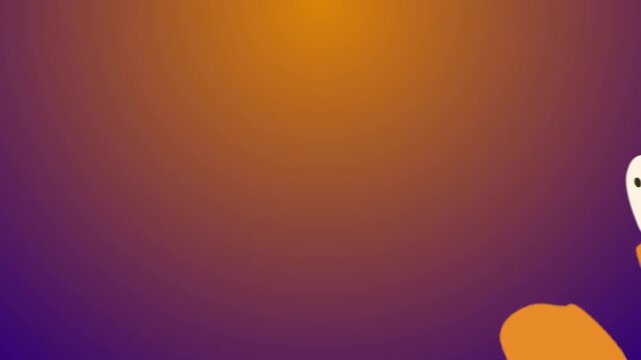 Animated Halloween video with ghosts, pumpkins, tombstone, broom, candy popping up on orange purple background Text Happy Halloween appearing, ghost floating, spooky festive motion. Copy space