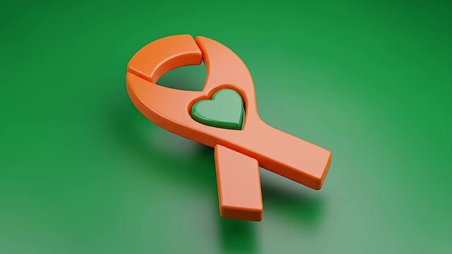 Orange Awareness Ribbon with a Glowing Green Heart Symbol of Support.