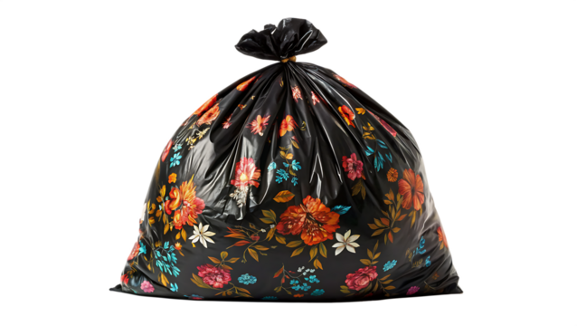 A full black trash bag with a colorful floral pattern tied at the top isolated on transparent background