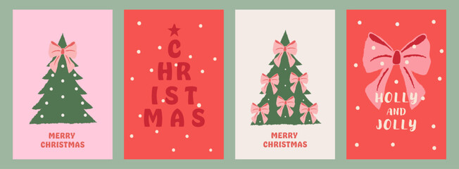 Set of Merry Christmas & Happy New Year greeting cards. Vintage crayon-style vector with hand-drawn tree, bows, snowflakes, and festive lettering. Minimal cozy design for banners, posters, and covers.