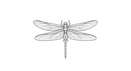 Detailed Line Art Illustration of a Dragonfly with Intricate Wing Patterns and Delicate Features