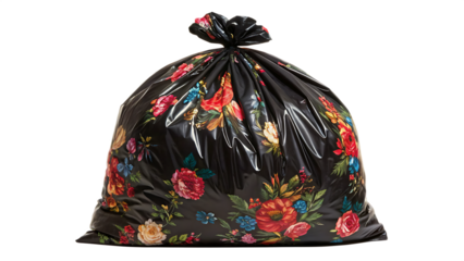 A closed black garbage bag with a vibrant floral pattern isolated on transparent background