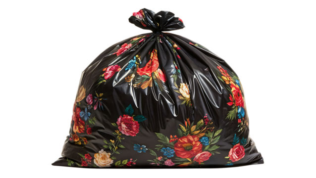 A closed black garbage bag with a vibrant floral pattern isolated on transparent background