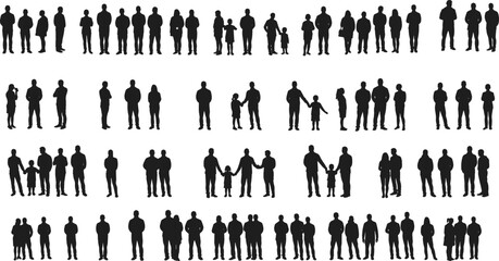 Black silhouette people groups walking standing interacting children adults family crowd social interaction vector illustration minimal design isolated figures