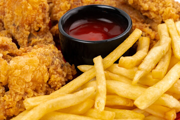 Crunchy fried chicken served with crispy french fries and a side of tangy dipping sauce on a bright...
