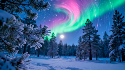 Stunning northern lights swirl over a snowy forest under a moonlit sky in winter