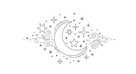 Minimalist Celestial Crescent Moon and Star Cluster Illustration in Black and White