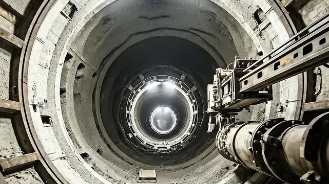 Tunnel Boring Machine Construction of a Round Concrete Structure with Central Lighting Perspective and Metallic Infrastructure in Neutral Tones
