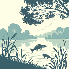 Vector art of a serene lake scene with fish swimming in the foreground, framed by reeds and a tree branch, with a tranquil landscape in the background illustration