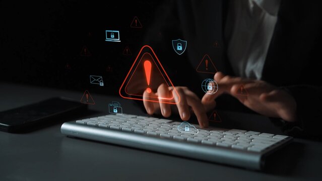 Cybersecurity threat alert protects data. Cyber security threat alert prevents access, alert warns breach, defends system, and cyber security threat alert identifies risk. Marrow - Powered by Adobe