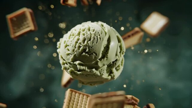A scoop of green ice cream floats amidst falling crackers, creating a dynamic and appetizing scene.