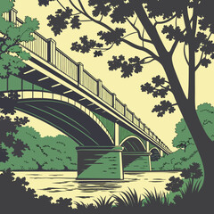 Vector art of a picturesque bridge gracefully arches over a tranquil river, framed by lush trees and foliage, creating a serene and inviting scene of natures beauty and architectural harmony