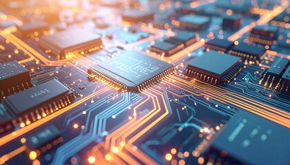 Fototapeta premium Futuristic circuit board, viewed from a high angle