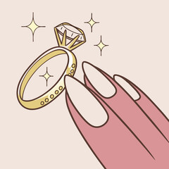 Vector art of a captivating closeup showcases a hand delicately holding a sparkling diamond ring, exuding elegance and romance, perfect for symbolizing love, commitment, and special occasions