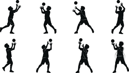 Silhouette illustration of boys playing volleyball, catching ball in action, sports activity, teamwork, outdoor fun, fitness, childhood, exercise, recreation