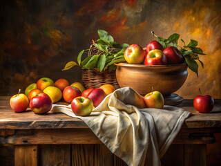Still life painting of a rustic wooden table laden with ripe apples in a bowl and basket isolated on transparent background