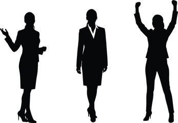Silhouette of confident businesswomen in formal office attire walking, presenting gestures, and celebrating success with raised hands isolated vector illustration