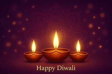 Three burning clay diyas glowing brightly against purple festive background adorned with mandala art perfect for diwali festival celebration signifying light hope joy tradition spirituality