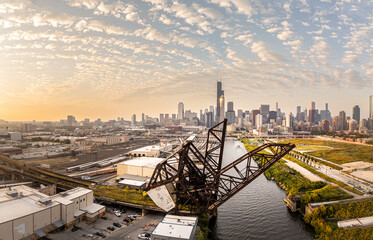 Drone view  of Chicago Skyline from Ping Tom Memorial Park Aerial View at Sunset” 2025 