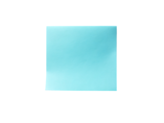 A single light blue square sticky note with a slight curl on the left edge isolated on transparent background