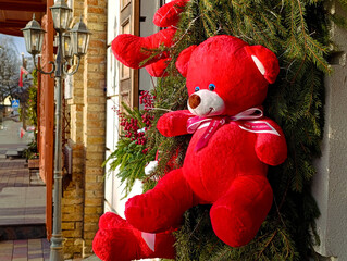 Red stuffed bears - New Year's decoration for a city street