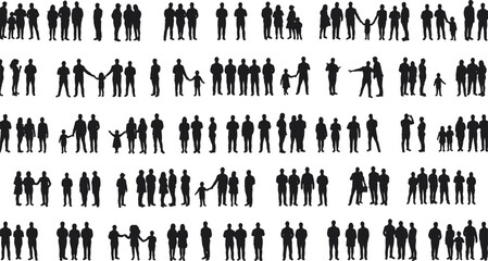 Silhouette people groups walking standing family friends children adults crowd teamwork community interaction social connection vector illustration black figures design