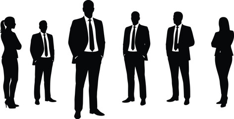Silhouettes of business men and women in formal suits standing together representing teamwork, leadership, professionalism, corporate identity, success, and collaboration illustration