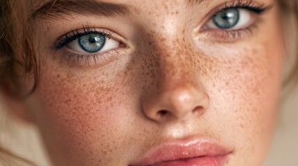 Obraz premium Captivating Blue Eyes Shine With Freckles and Beauty in Soft Light