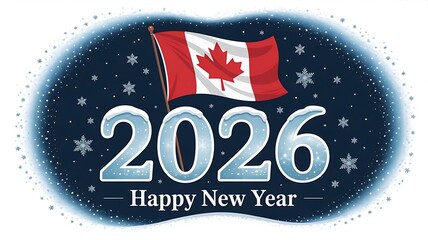 Festive 2026 new year celebration with canadian flag, snowflakes, and icy numbers isolated on white background
