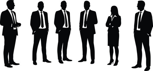 Silhouettes of corporate business men and women in formal suits standing together symbolizing leadership, teamwork, professionalism, corporate success, and collaboration illustration