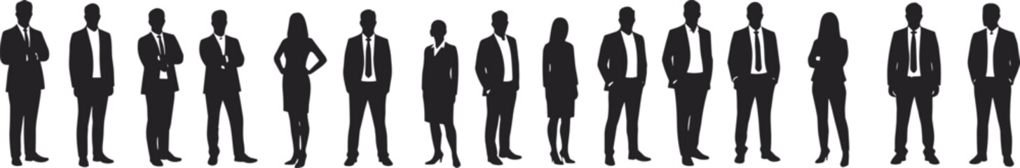 Silhouettes of diverse business people in formal office attire standing together representing teamwork, leadership, corporate culture, and professional success illustration