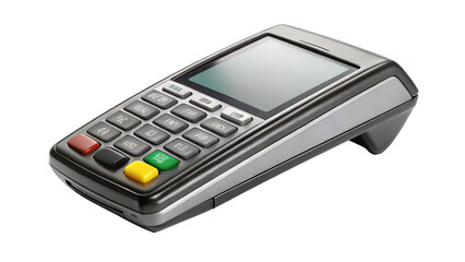 A sleek credit card payment terminal with a blank screen and keypad isolated on transparent background, facilitating secure financial transactions