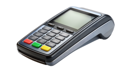 A modern credit card payment terminal with a blank screen and keypad isolated on transparent background, ready for secure transactions
