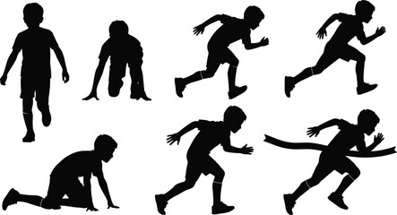 Silhouette sequence of a child running race, starting position to finish line, athletic motion illustration, active boy sport concept, isolated background