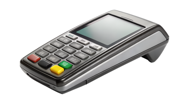 A sleek credit card payment terminal with a blank screen and keypad isolated on transparent background, facilitating secure financial transactions