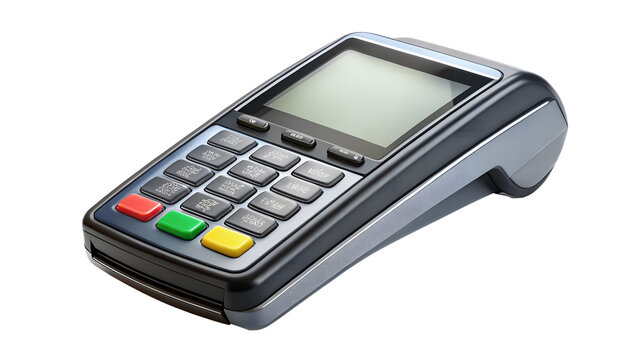 A modern credit card payment terminal with a blank screen and keypad isolated on transparent background, ready for secure transactions