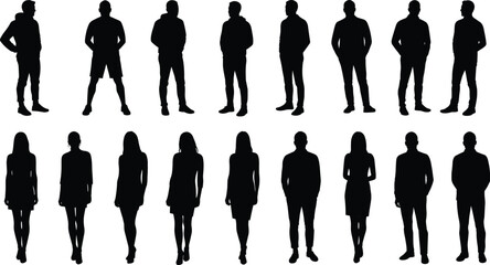 Silhouettes of diverse men and women standing in casual clothing representing lifestyle, society, individuality, community, human figures, and fashion illustration