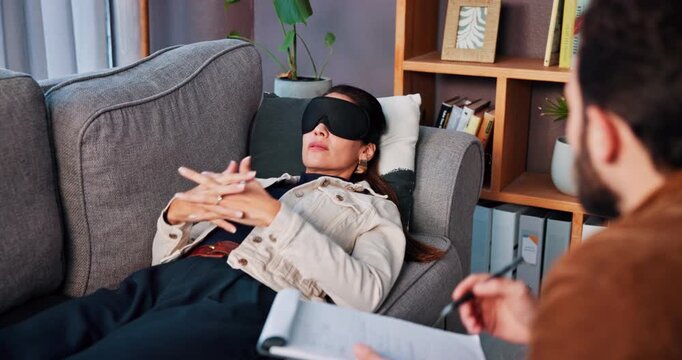 Man, therapist and woman with blindfold, stress and notes for recovery support and mental health. Clipboard, psychologist and patient in sensory depravation talking for trauma, depression or crisis